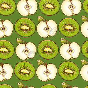 用苹果和猕猴桃设计的绿色矢量背景与水果的无缝模式图片