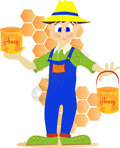 养蜂人展示蜜罐的插图图片