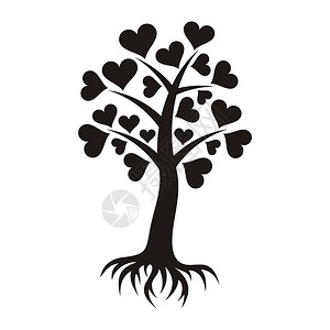 带心叶和根的黑色抽象树背景图片