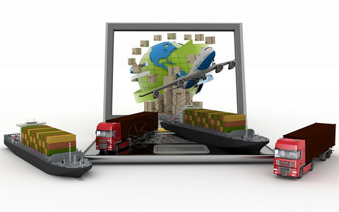 全球各地装在膝上型电脑屏幕两艘货船和两辆卡车上的纸板箱全世界在线图片