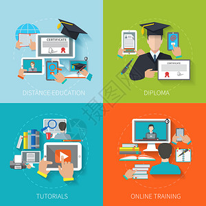 在线教育设计概念集与远程文凭教程培训平面图标图片