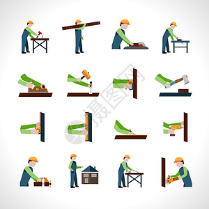 木工和木工具的木匠图标集成图片