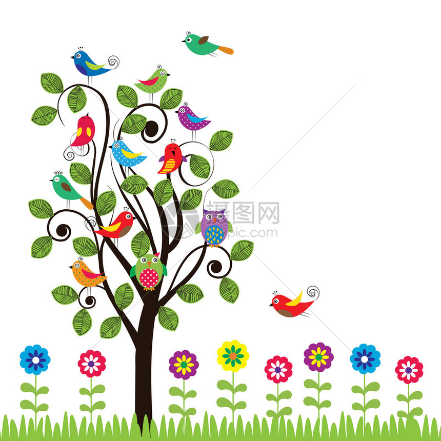 色彩斑斓的背景与腰鸟和树木图片