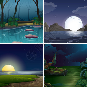 森林和湖泊的四个夜景图片