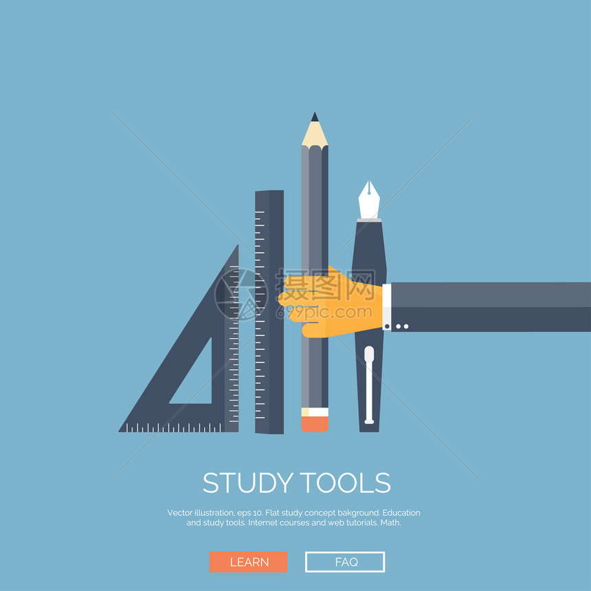 矢量图平坦的背景与手和尺子铅笔钢笔学习工具回图片