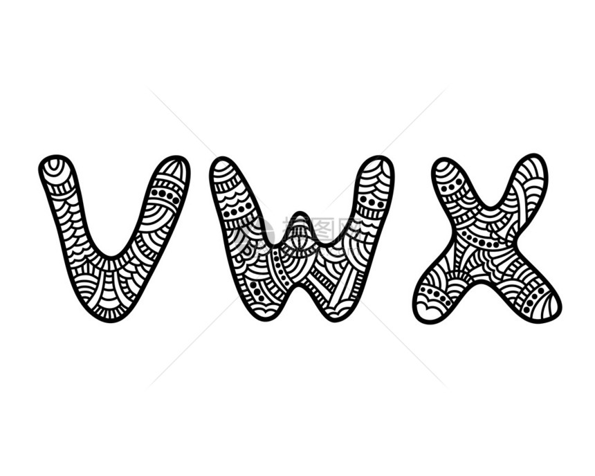 涂鸦手绘矢量字母表VWX图片