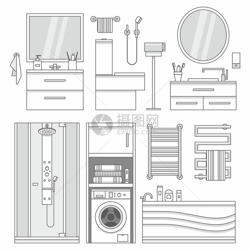 带家具的浴室平面样式矢量图图片