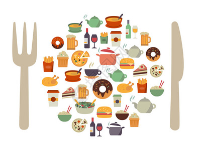 食品图标以餐具板的形式成现代的图片