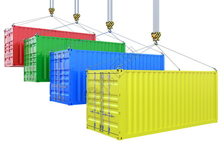 3发不同颜色货物集装箱的吊钩孤图片