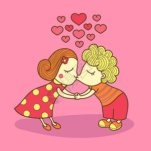 在粉红背景中与女孩和男孩接吻亲吻情侣向导展示图片