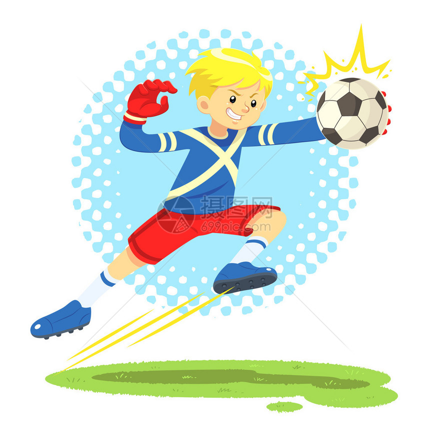 一名身穿蓝色和制服的足球男孩跳到一边去抓住球图片