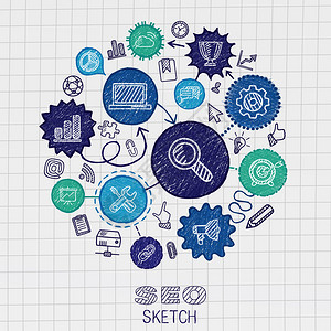 SEO手绘综合素描图标矢量涂鸦营销象形图集纸上连接的信息图图片