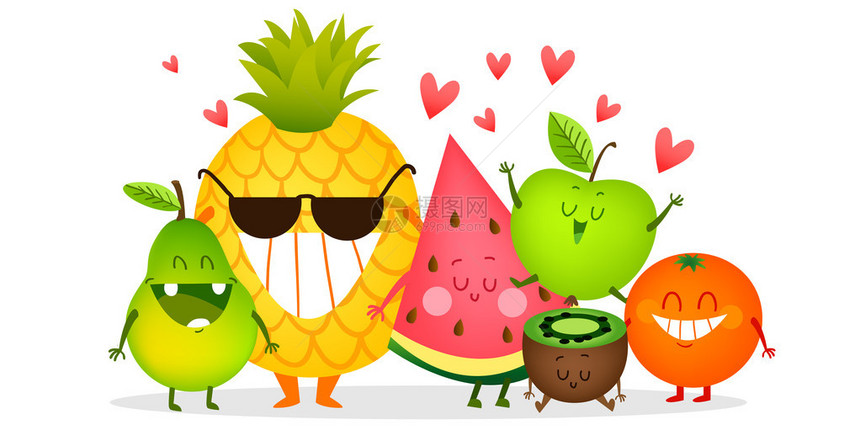 一组可爱的水果插图与有趣的爱和心有趣的食图片