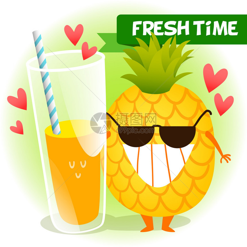 插图与有趣的爱和心有趣的食物时间新鲜健康食品菠萝带着微笑戴着墨镜图片