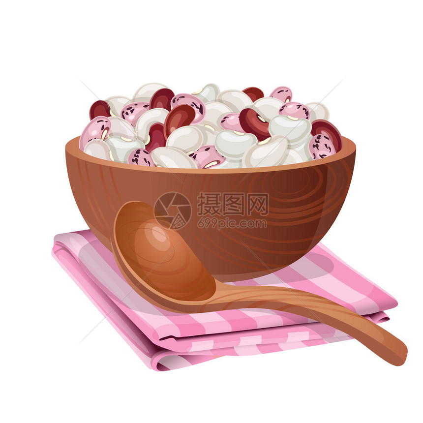 木碗站在粉色条纹餐巾纸上碗里有许多大白豆红豆和粉豆图片