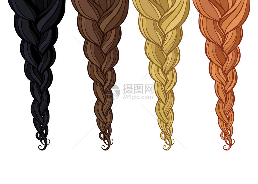 四种不同颜色编织的发辫图片
