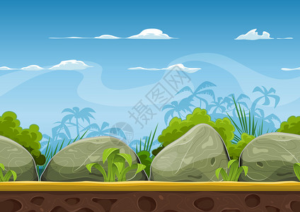 以棕榈树椰子巨石头等海滨背景为例的漫画片无缝图片