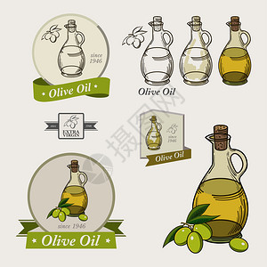 一套橄榄油标签罗戈斯徽章和设计要素橄榄油瓶图片