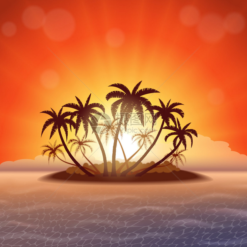 热带岛屿日落时有棕榈树矢量图图片
