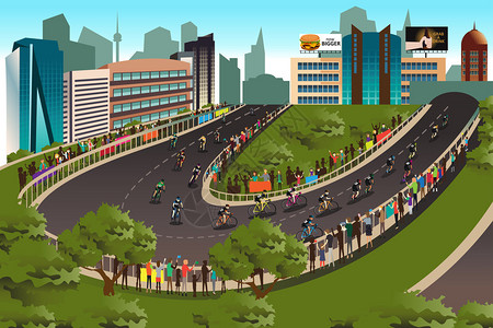 粉丝福利毛笔字在背景中与城市进行骑自行车竞争插画