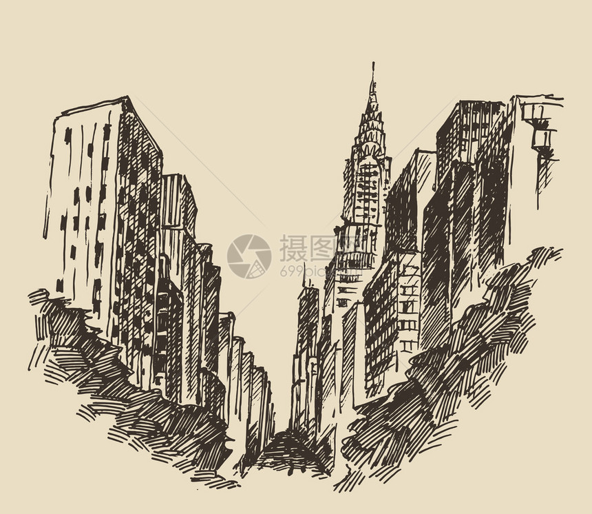 纽约市雕刻矢量图手绘图片