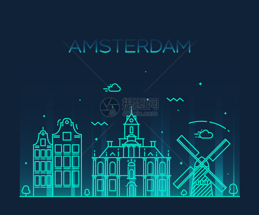 阿姆斯特丹市的天线详细描述示意图Trindy矢量说明图片