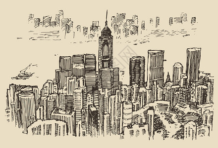 香港大城市建筑雕刻的插图手背景图片