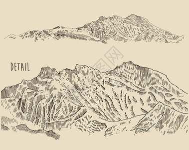 山地群山的轮廓雕刻矢量插图手工绘制的设图片