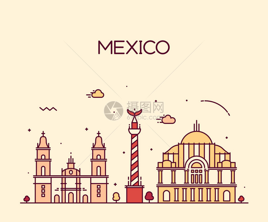 墨西哥城地平线详细显示银光Trindy矢量说明图片