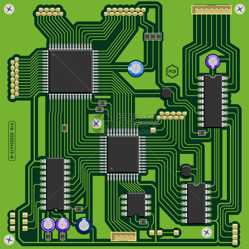显示绿色印刷电路板PCB上装有电子部件EPS10文件图片