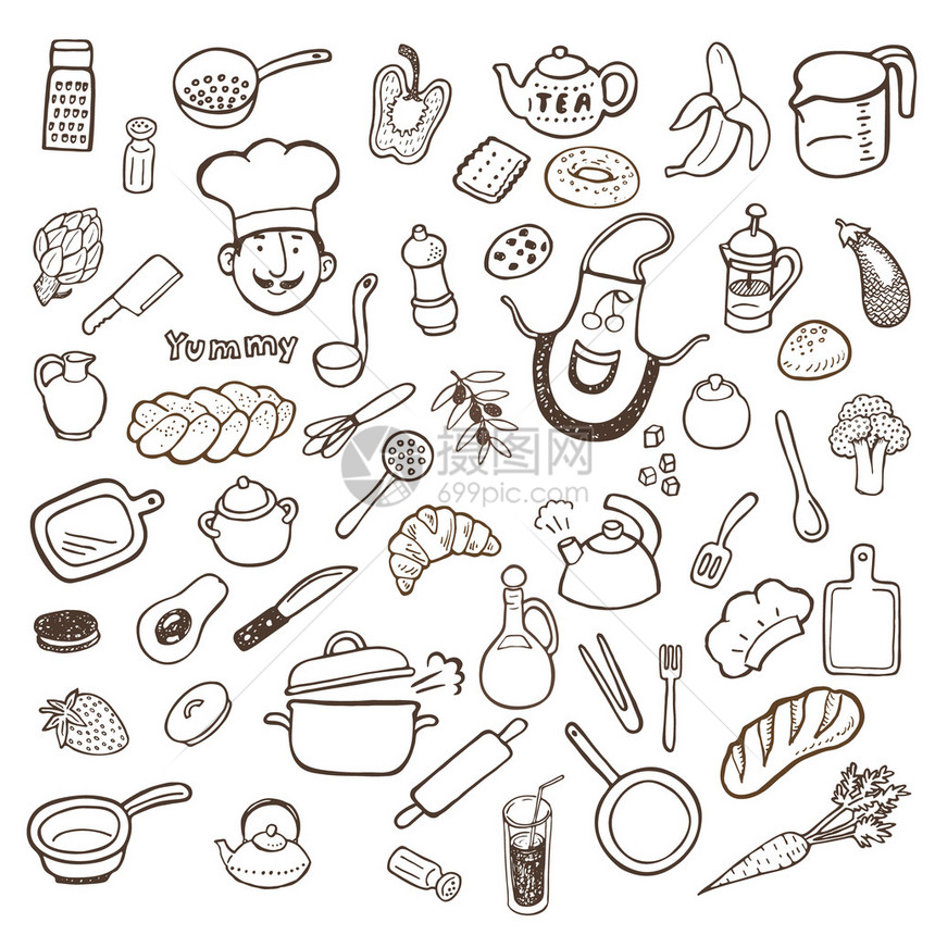 厨房用具和食物手绘草图集图片