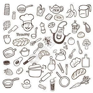 厨房用具和食物手绘草图集背景图片