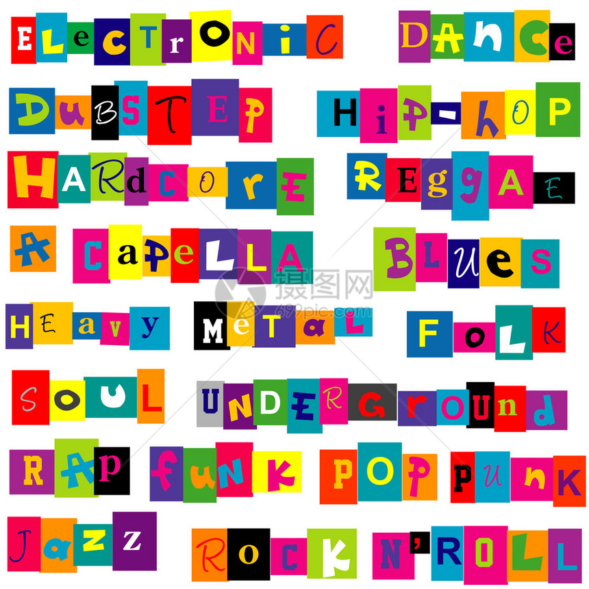 一组由白色背景上的多彩字母组成的音乐流Name以色彩图片
