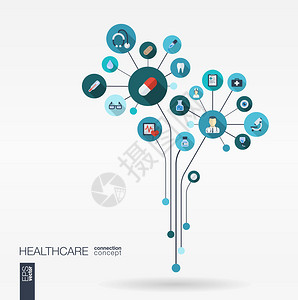 带有线条连接圆圈集成平面图标的抽象医学背景具有医疗健康保健温度计和十字图标的生长花概念矢背景图片