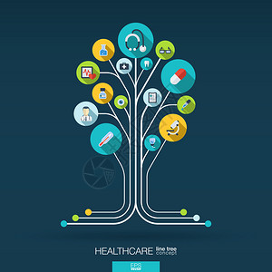 带有线条连接圆圈集成平面图标的抽象医学背景具有医疗健康保健温度计和十字图标的生长树概念矢背景图片