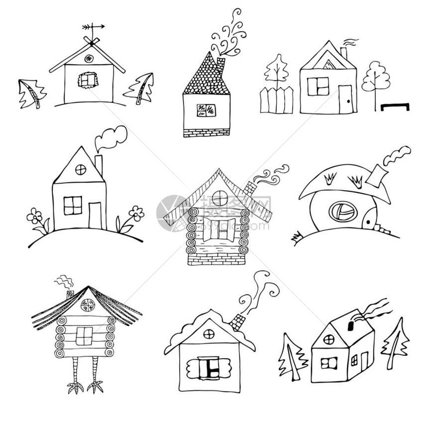 一套卡通房子图标采用童趣手绘风格图片