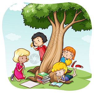 孩子们在树下读书写字图片