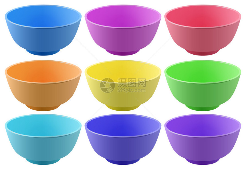 九种不同颜色的塑料碗图片