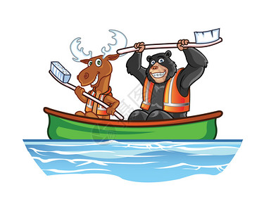 Moose和BearCartoon在独木舟中划图片