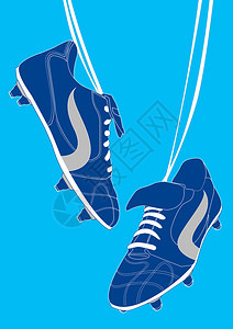 浅蓝色背景上的蓝色足球鞋背景图片