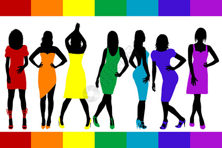 女剪影套装搭配彩虹色连衣裙和鞋子图片