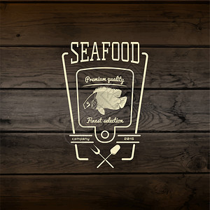 海产食品徽章标识和任何用途的标签在木图片