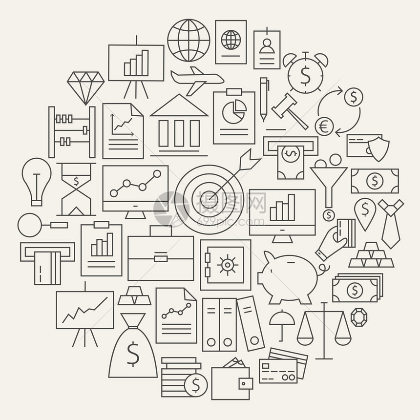 金融业务钱线图标设置圆形商业和办公对象的矢量插图表和信息图表货图片