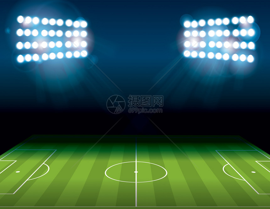 美式足球场在夜间点亮矢量EPS10可用文件包含透明胶图片