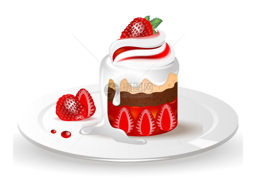 白色背景板上的草莓酱海绵蛋糕图片