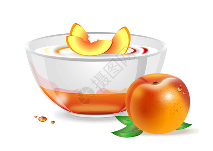 果味酸奶在白色背景的玻璃碗里放着桃片的桃酸奶插画