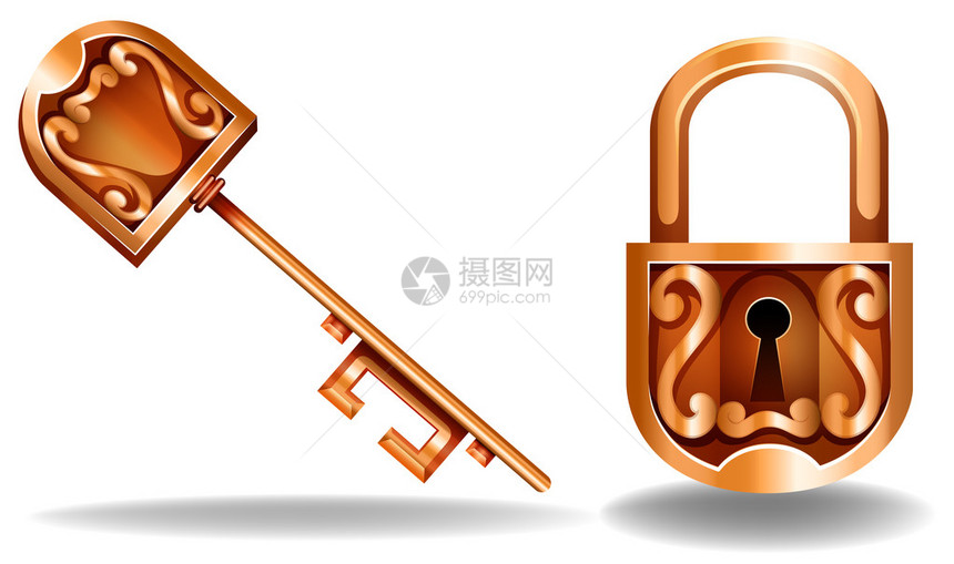 古铜色现代风格钥匙和锁图片