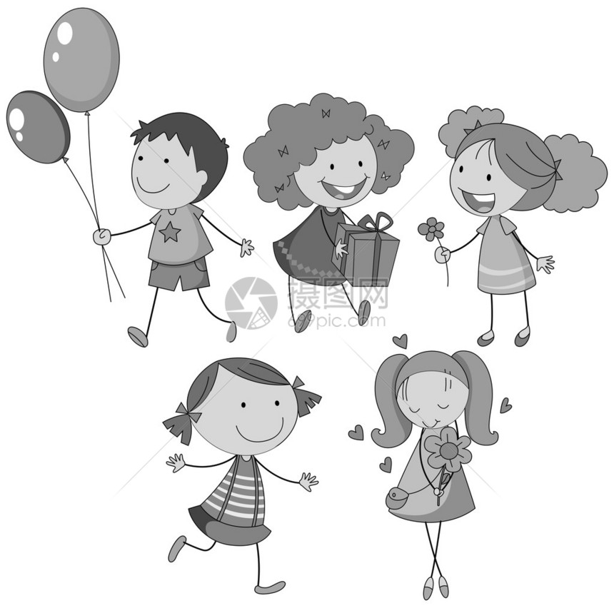 黑白相间的快乐儿童插画图片