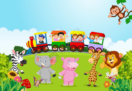 与动物一起在多彩的火车上为快乐卡通孩图片