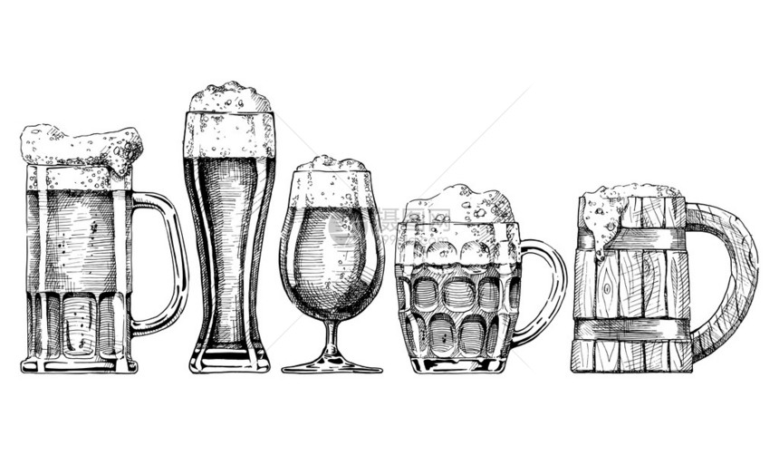 一组啤酒杯和墨水杯用墨水画的风格图片